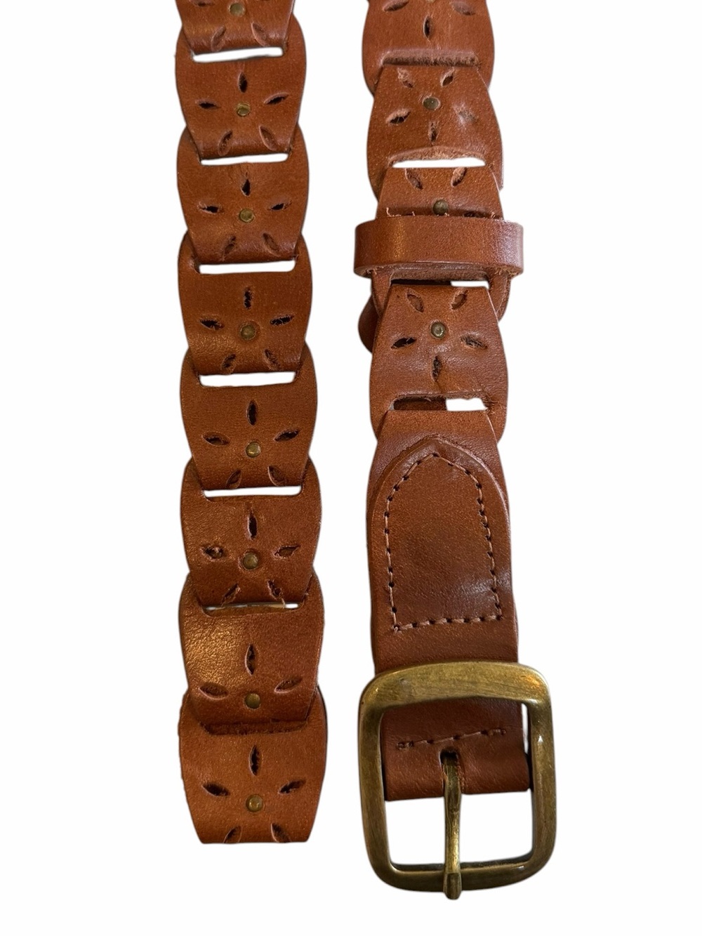 Cognac Brown Genuine Leather Woven Link Belt Boho Western - Picture 3 of 6
